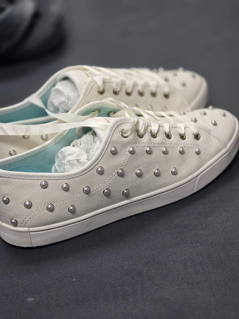 kate spade White Pearl-Studded Canvas Sneakers